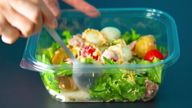 Prepare lunch chicken salad for work in plastic containers. Healthy food. Mix