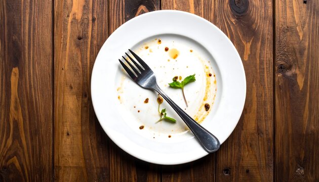 Empty plate with fork on wooden table after meal