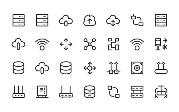 Cloud Computing, Network and Database Line Icons Set Vector Collection