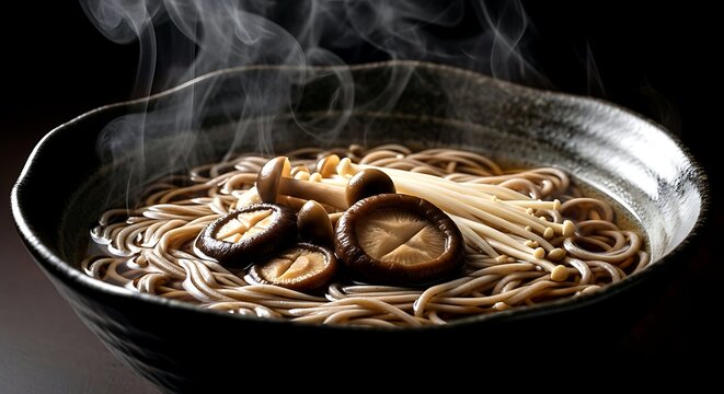 soba with mushrooms, buckwheat noodles in hot broth with shiitake and enoki mushrooms, steam rising 