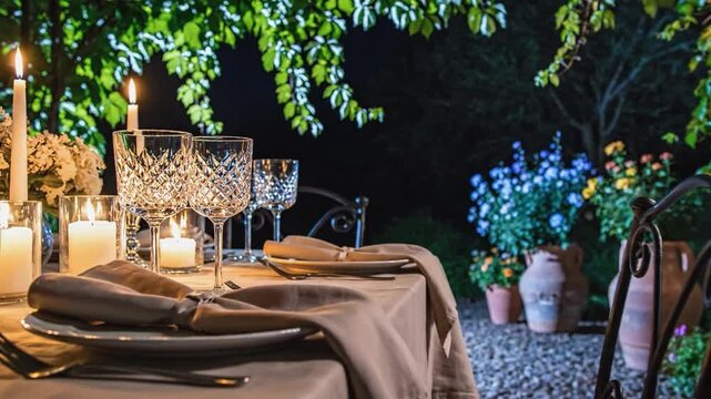A romantic outdoor dinner table is set with candles and crystal glasses at night in a lush garden.