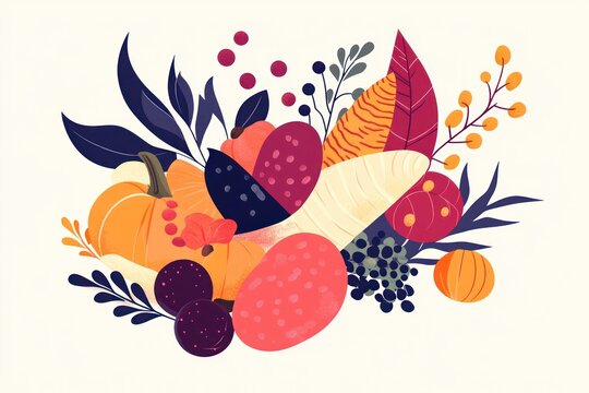 A vibrant arrangement of autumnal fruits and vegetables