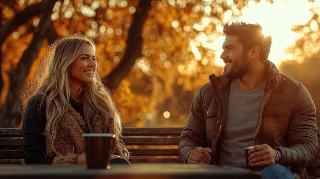 Happy Couple Talking Outdoors in Autumn Park at Sunset
