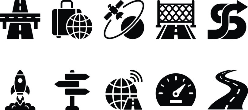 Transportation icon set featuring roads rocket satellite world globe directional signs and speedometer set.