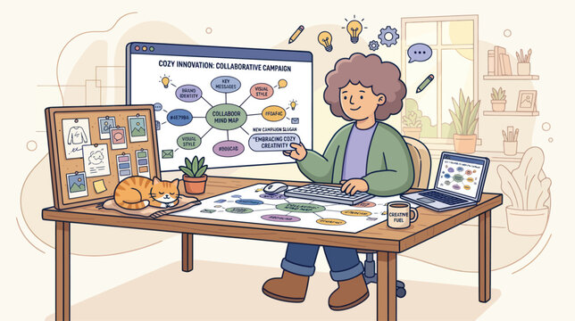 Woman brainstorming on mind map with cat and laptop while working remotely at home with cozy innovation ideas