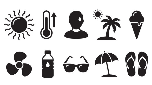 Summer vacation icons, black silhouette symbols, heatwave and beach elements, 10 graphic signs