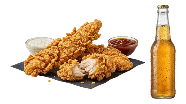 Crispy fried chicken tenders with dipping sauces and beer bottle, golden breaded chicken strips on white background, fast food meal combo