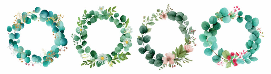 Watercolor eucalyptus floral wreaths collection, natural green botanical frames for wedding invitations, greeting cards, and decorative design elements © Mari