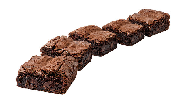 Chocolate fudge brownies with crackly tops, row of square cocoa cake slices on white background, homemade dark chocolate dessert squares