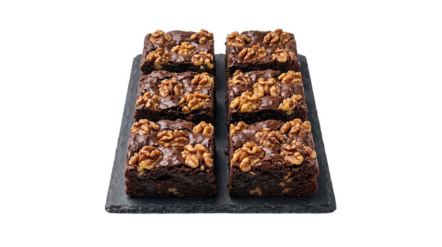 Homemade chocolate walnut brownies on slate board, fudgy cocoa dessert squares with nuts, gourmet dark chocolate brownies isolated on white background