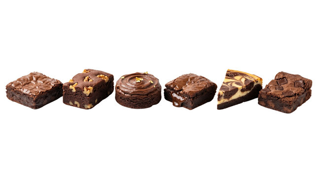 Assorted chocolate brownies collection, variety of fudge brownie squares and cheesecake swirl bars, gourmet cocoa desserts isolated on white background