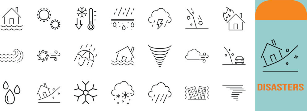 Emergency natural disaster hazard icons. flood icon set, tornado icon set, earthquake icon set