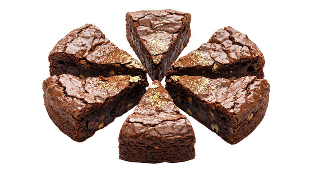 Chocolate brownie wedges arranged in a circle, fudgy dark cocoa cake slices with cracked crust, gourmet dessert portions isolated on white background
