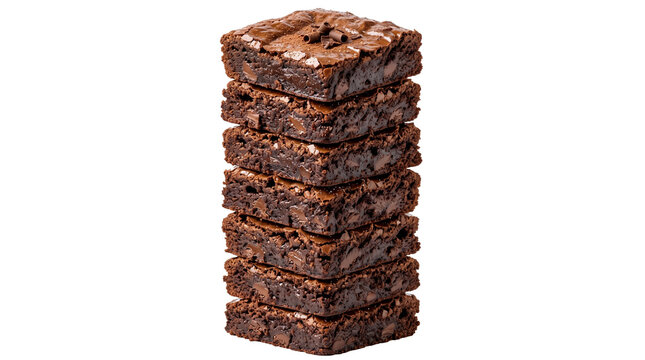 Chocolate brownie stack of seven fudgy squares, delicious dark cocoa cake slices with cracked crust, sweet gourmet dessert isolated on white background