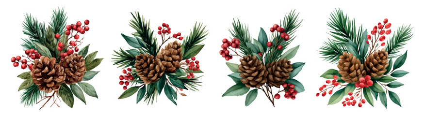 Watercolor christmas bouquets with pine cones, red berries and evergreen branches, depicting festive winter decorative elements and holiday season themes © Mari