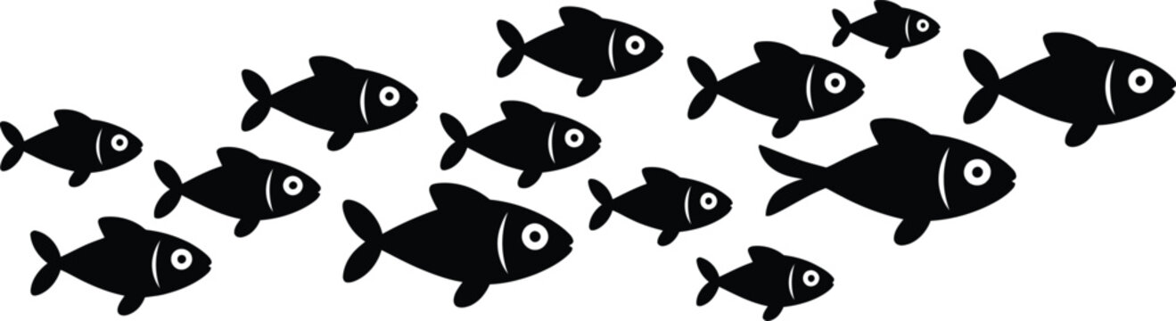 A School of Silhouetted Black Fish Swimming Together on a White Background underwater