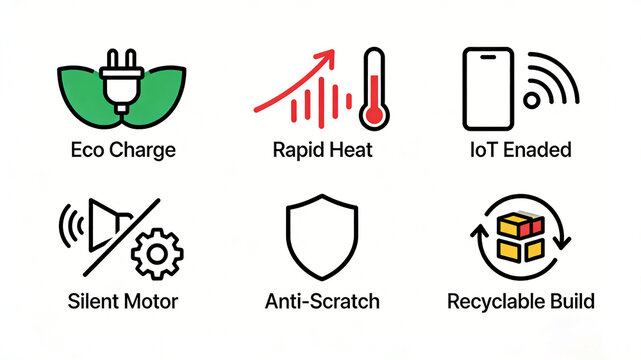 Six colorful smart home appliance icons represent the concept of environmentally friendly charging, fast heating, IoT, silent, scratch resistant, and recyclable green home appliances.
