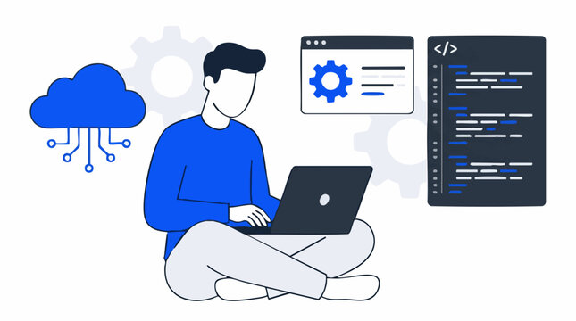 Software developer working on cloud application development illustration