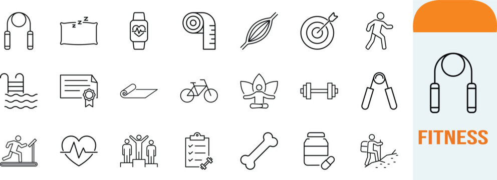 Fitness health workout vector icons. dumbbell icon set, bicycle icon set, treadmill icon set