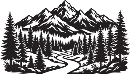 Mountain landscape vector illustration, scenic pathway through coniferous forest, snow-capped peaks, silhouette style icons set © Graphic Boss