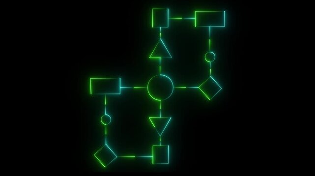 Business process and workflow automation with flowchart. Business and technology concept. Visualizes step-by-step progression through a procedure or system on black background.