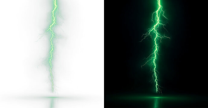 Glowing green thunderbolt with energy flash and electric neon glow, PNG