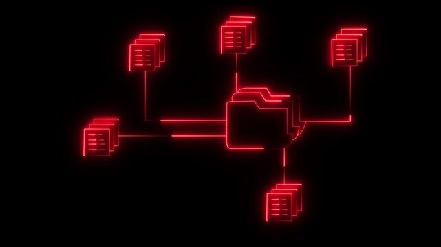 neon document management system icon connecting multiple files and folders. folder and document icons connected. diagram illustrating a central folder connected icon to multiple stacks of documents.