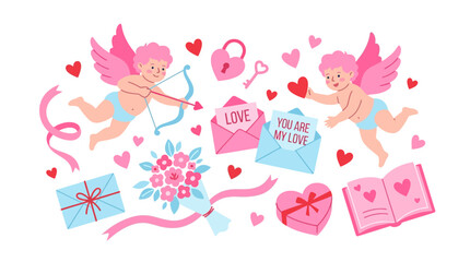 Obraz premium Whimsical Valentine illustration with cherubic angels, love letters, flowers, envelopes and gifts in pastel pinks and ribbons