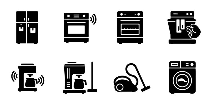 Home Appliance Icons: Smart Fridge, Oven, Coffee Maker, Washer, Vacuum Cleaner, Dryer