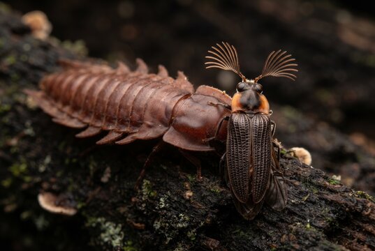 Extreme sexual dimorphism of mating platerodrilus insects on dark log