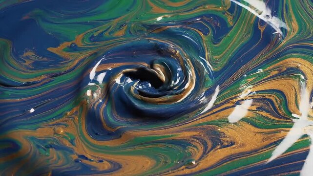 Colorful swirling liquid paint mix with vibrant green blue gold and black flowing patterns