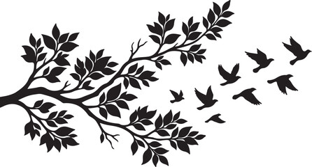 Fototapeta premium Black and white silhouette of a tree branch with a flock of flying birds silhouette wildlife illustration isolated ornament branching