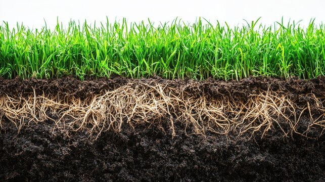 Cross-section illustrating a healthy grass lawn with dense root system and soil layers