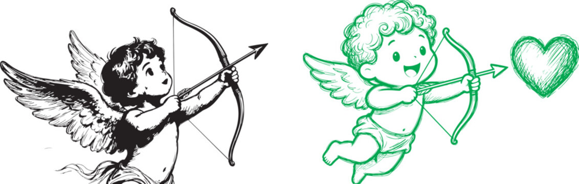 Cupid cherub vector illustrations in vintage woodcut and modern cartoon styles with bow and arrow for Valentine's Day and romantic themes