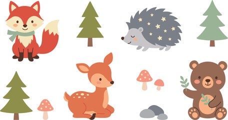 Naklejka premium Cute Woodland Animals and Forest Element Vector Set with Fox Be