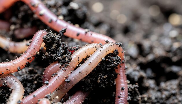Closeup of earthworms in rich dark soil.