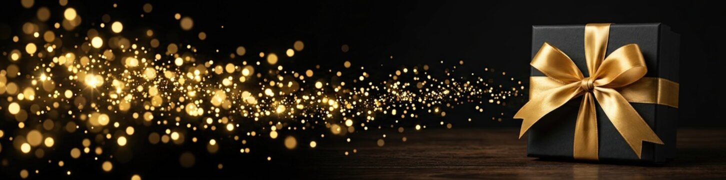 Sophisticated black gift box adorned with a shimmering golden ribbon illuminated by twinkling lights against a dark backdrop ideal for festive celebrations and memorable occasions