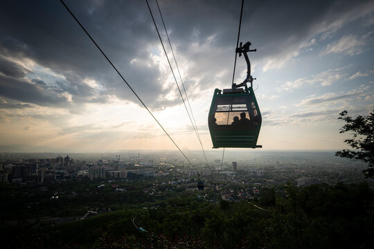 almaty kazakhstan. funicular at sunset, ascent to kok tobe mountain from city center