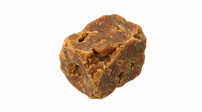 A single block of dark brown jaggery, a traditional unrefined cane sugar, isolated on white background
