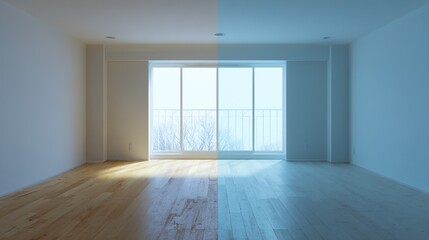 Fototapeta premium comparison. A conceptual comparison of an empty room before and after interior transformation with soft lighting. real-estate listings.