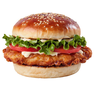 Delicious chicken sandwich, crispy fried chicken breast, sesame seed bun, lettuce, tomato, mayonnaise, fast food, restaurant menu item