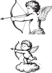 Obraz premium Cupid cherub vector illustrations with bow and arrow in vintage ink sketch and cute cartoon styles for romantic designs