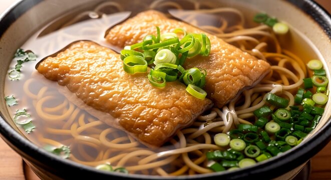 kitsune soba, buckwheat noodles topped with sweet fried tofu skin (inari age), green onions in clear broth