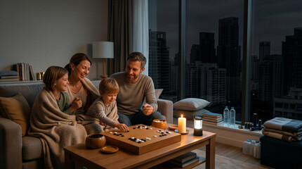 Fototapeta premium Household Resilience During Energy Crisis, Family Playing Go Game by Candlelight During Major Power Outage