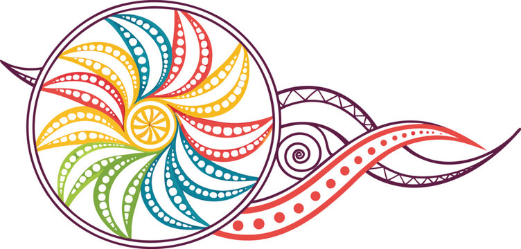 Abstract colorful circular mandala design with swirling floral elements