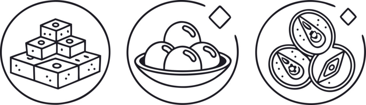 Set of three line art icons representing traditional indian sweets