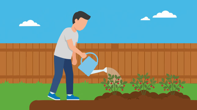 Man watering berry plants in a garden with a watering can, flat illustration
