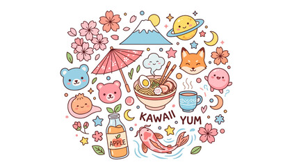 Naklejka premium Pastel kawaii food illustration featuring cute animals, ramen and sushi, desserts, drinks, flowers, and playful whimsy in a colorful cartoon collage