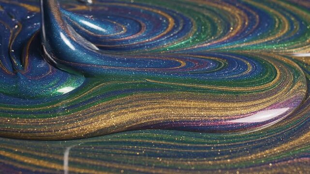 Close up of swirling metallic blue green and gold liquid paint with shiny texture and abstract art pattern