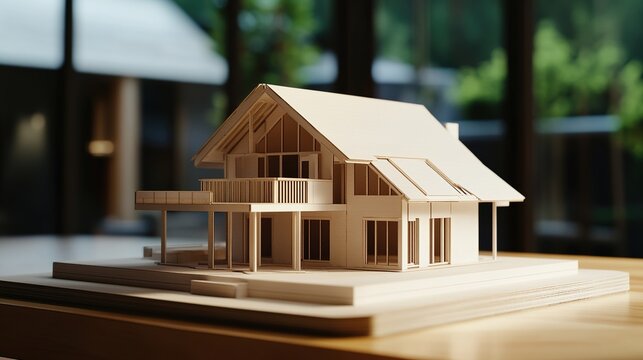 important. Miniature house model on wooden table with warm golden lighting for discussion. real-estate listings, architecture portfolios, designed for interior renovation comparisons for interiors.
